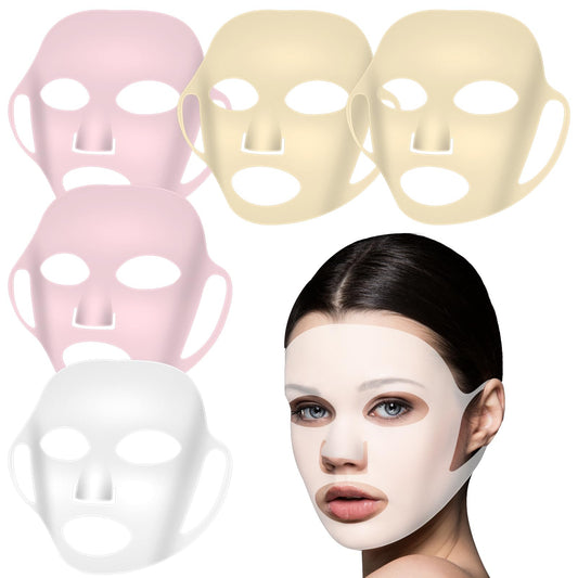 Ptwola 5 Sheets Silicone Face Mask Cover Reusable Moisturizing 3D Facial Mask Holder Prevent Evaporation Falling Transparent Skincare Beauty Ear-Hook Loops Cryo Rubber Face Mask Spa Tool