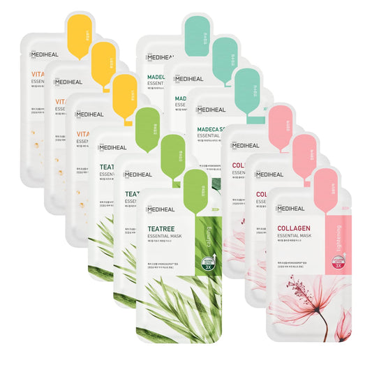 Mediheal Sheet Mask New Essential HERO 12 pack (Collagen Tea Tree Madecassoside Vita) | Korean Skincare Facial Sheet Mask Combo gift set