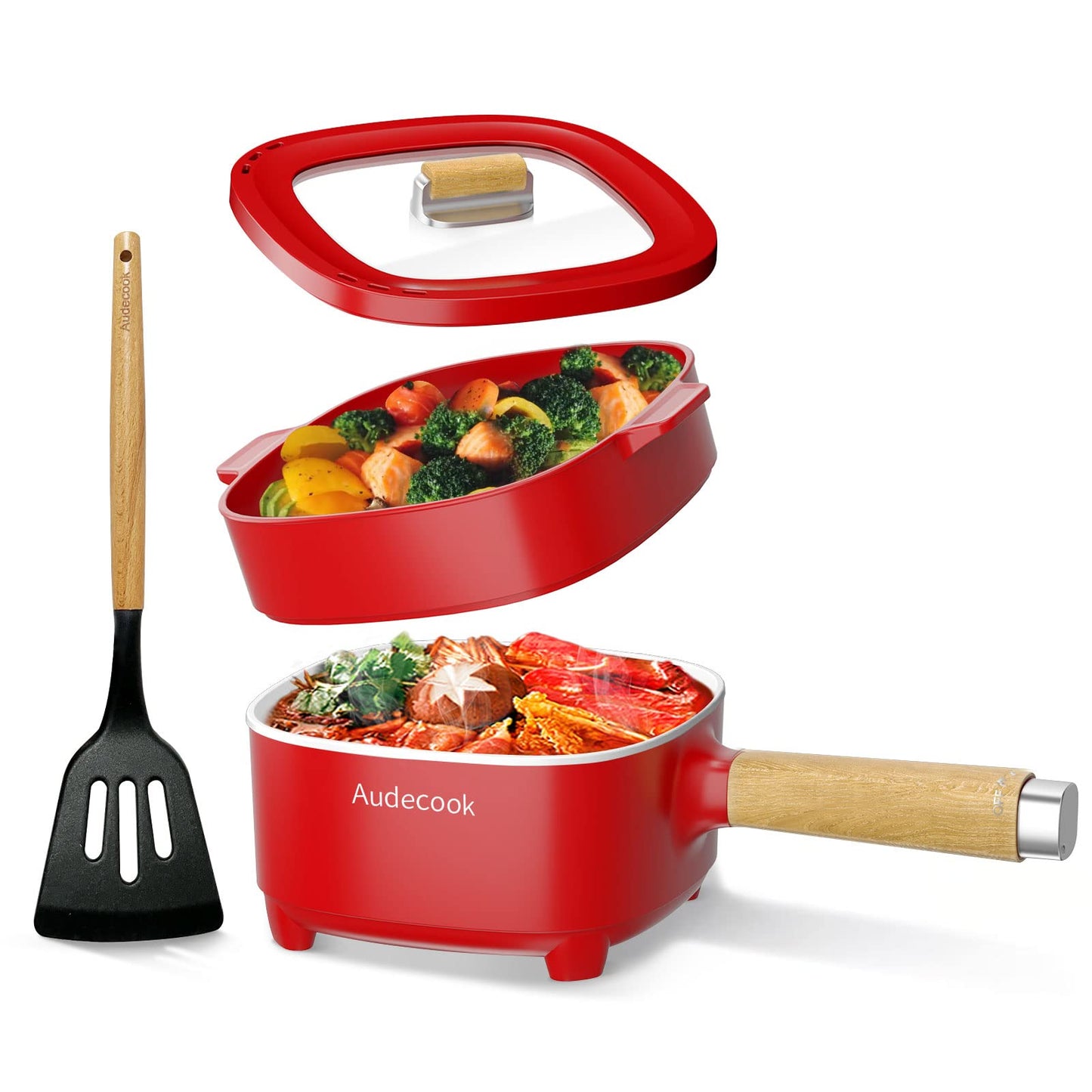 Audecook Hot Pot Electric 2L Cermic Glaze Non-Stick Frying Pan 8 Inch Portable Travel Cooker for Ramen/Steak/Fried Rice/Oatmeal/Soup with Dual Power Control (Silicone Spatula Included)